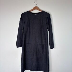 Theory Wool Grey Plaid Long Sleeve Shift Dress Pockets Business Work Size 4